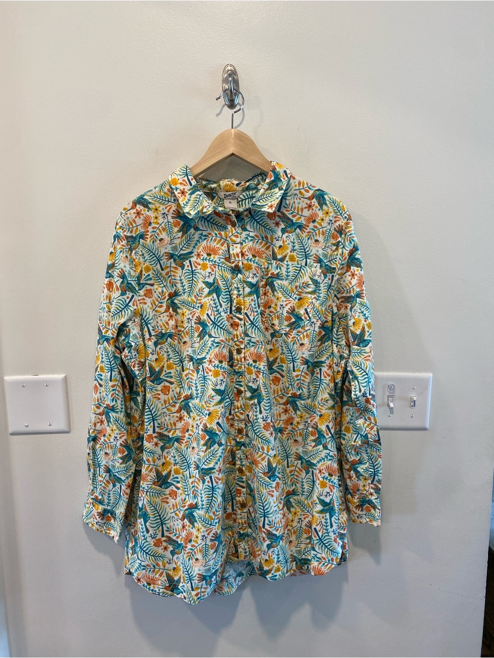 Duluth Trading Co Women's Artisan Hemp Overshirt size XL floral hummingbird